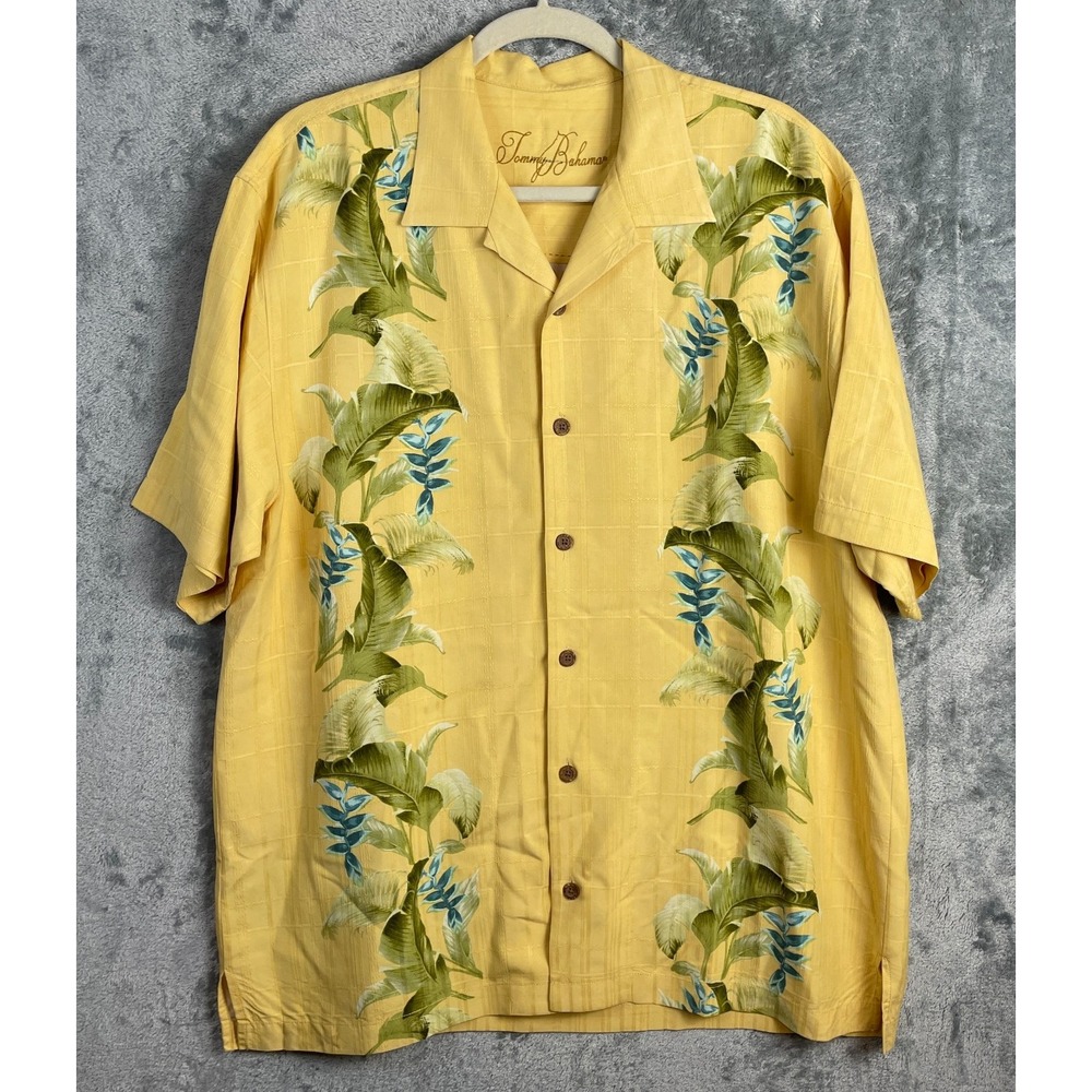 Tommy Bahama Shirt Mens Large Yellow Floral Silk Short Sleeve Hawaiian Tropical